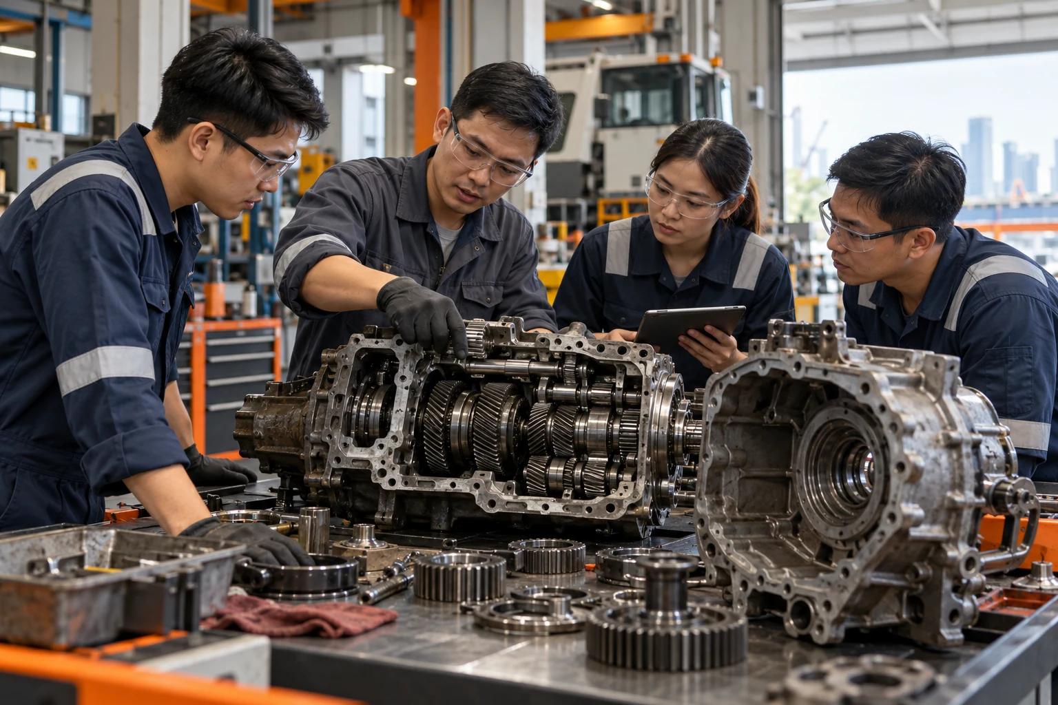 Asian engineers collaborating around a disassembled heavy mechanical transmission on a service bench