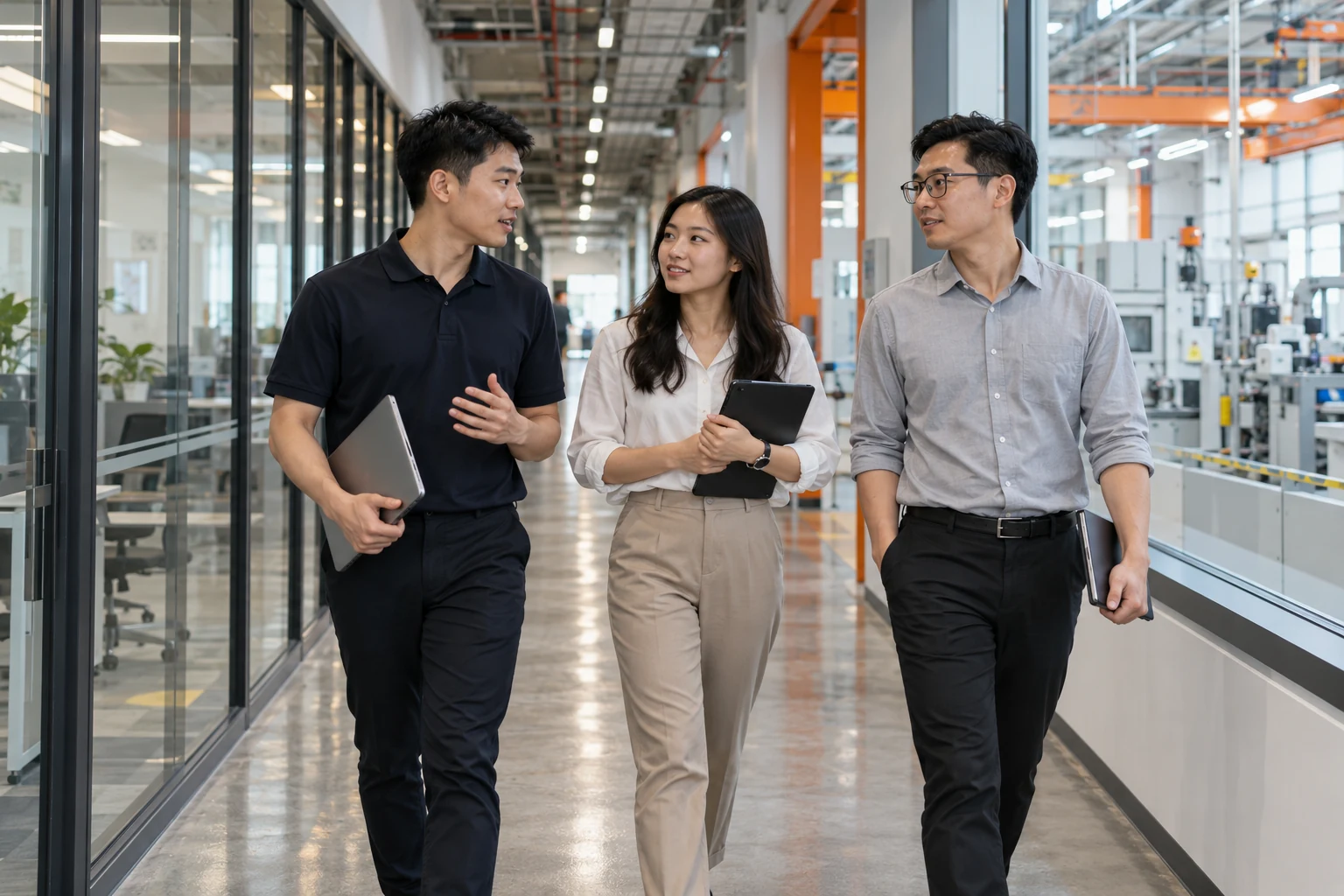 Asian staff walking through a bright industrial office corridor, candid professional corporate photography