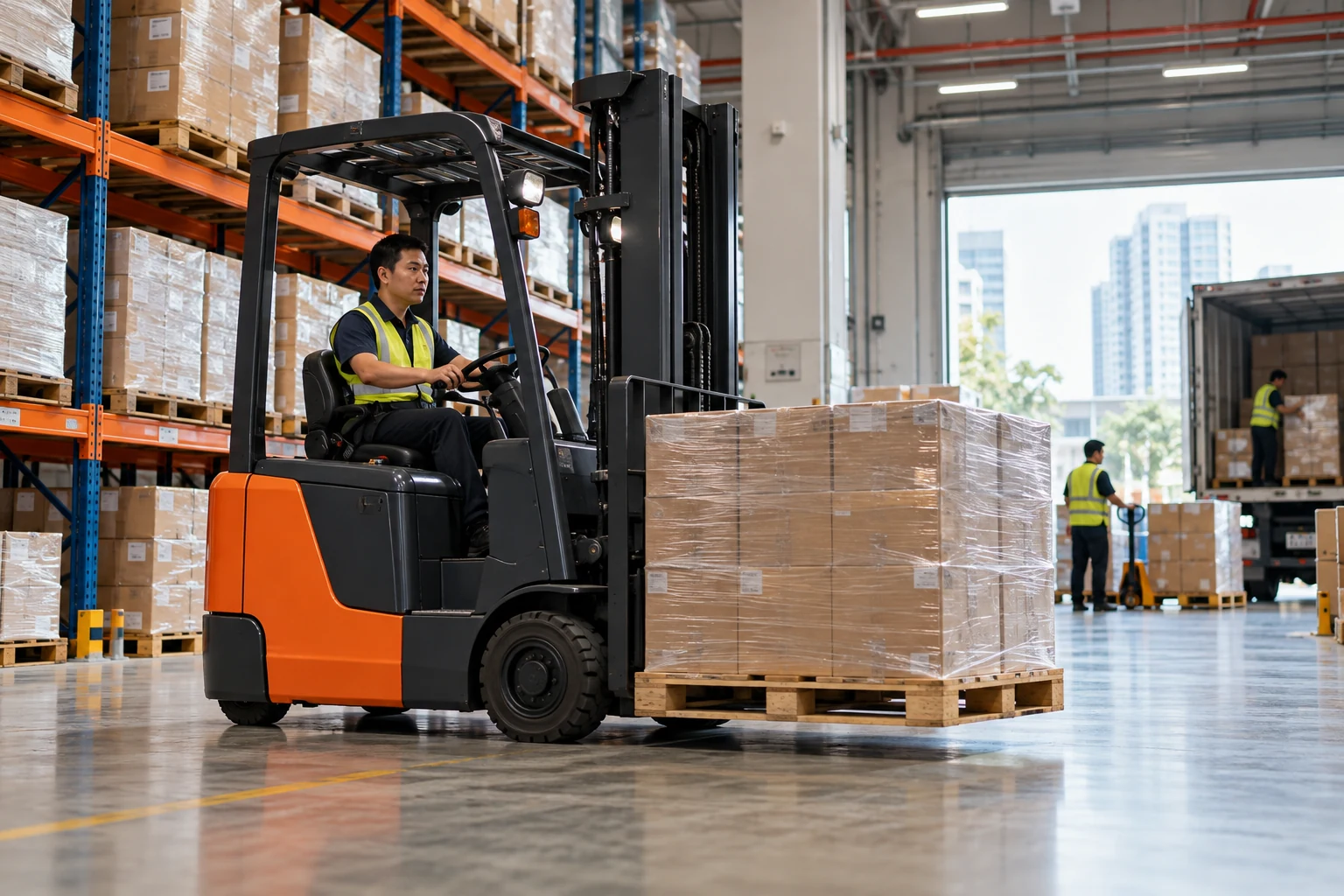 Electric forklift transporting a pallet through a bright industrial distribution centre, Asian operator with safety vest