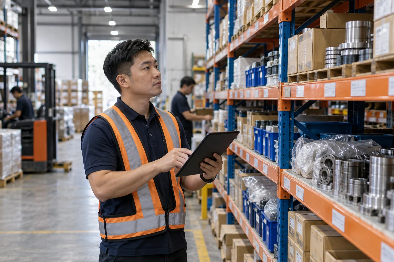 Asian operations manager reviewing warehouse inventory on a tablet overlooking stocked parts shelves