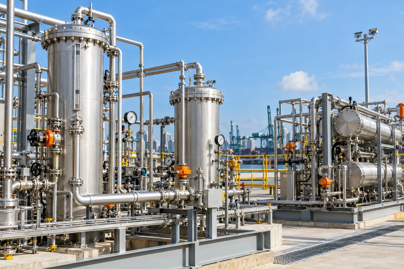 Stainless steel clean energy pilot installation with pipes, gauges and pressure vessels, blue sky, no people