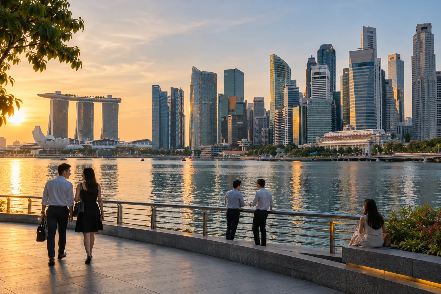 Singapore skyline from waterfront with commercial buildings in soft late afternoon light, realistic architecture