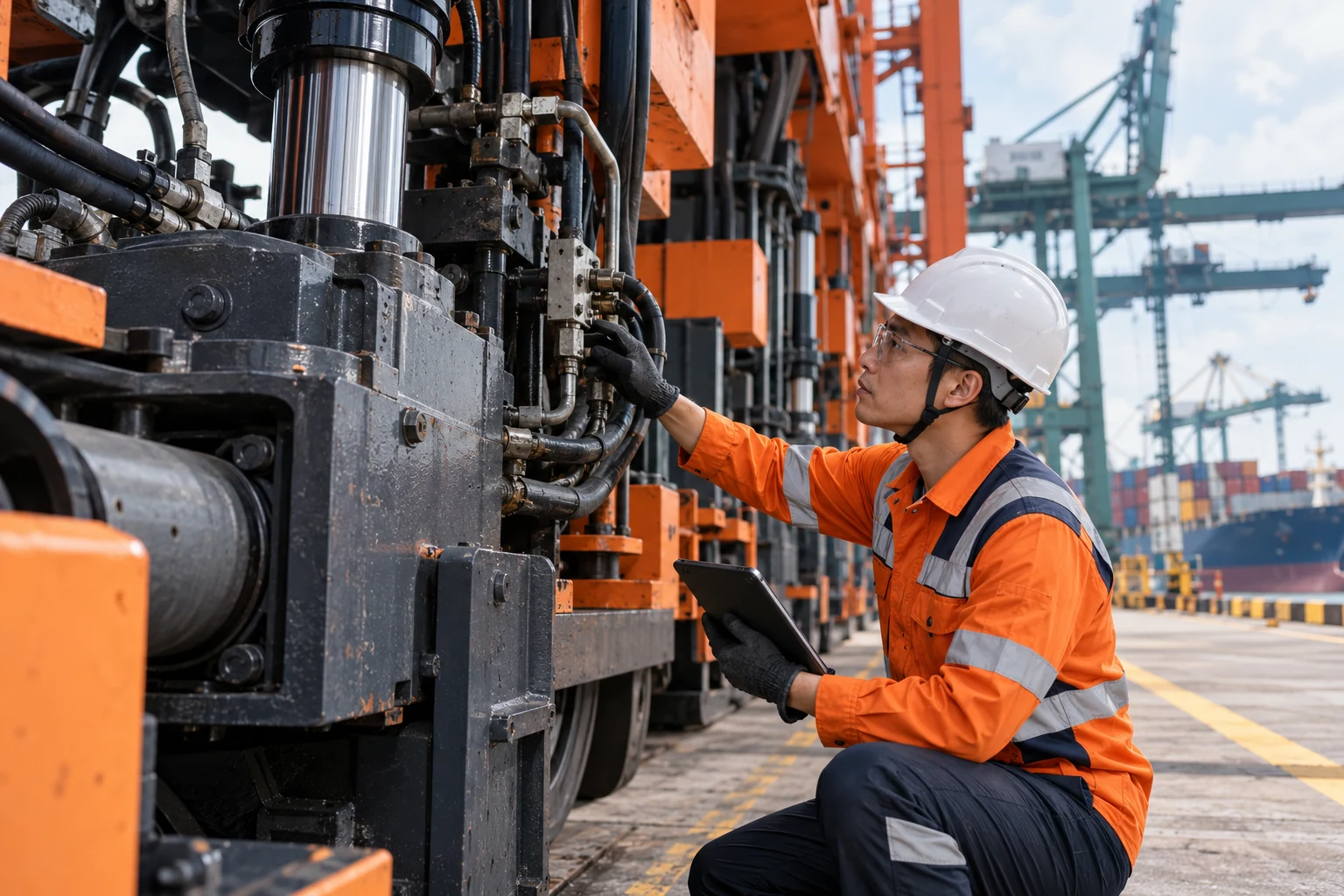 Asian port maintenance technician inspecting a massive lifting machine hydraulic assembly with proper PPE