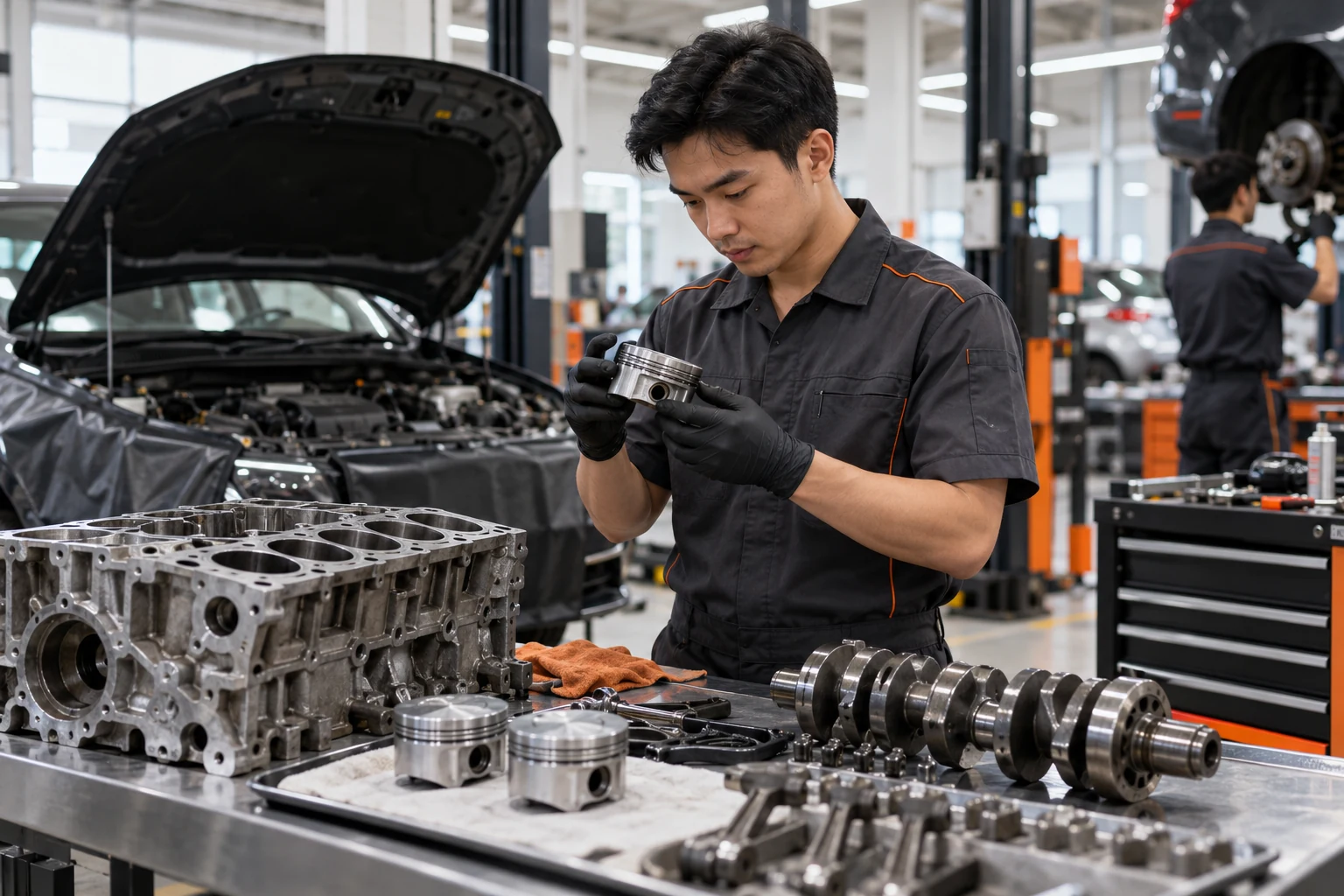 Asian automotive technician checking replacement engine components in a modern professional vehicle service workshop