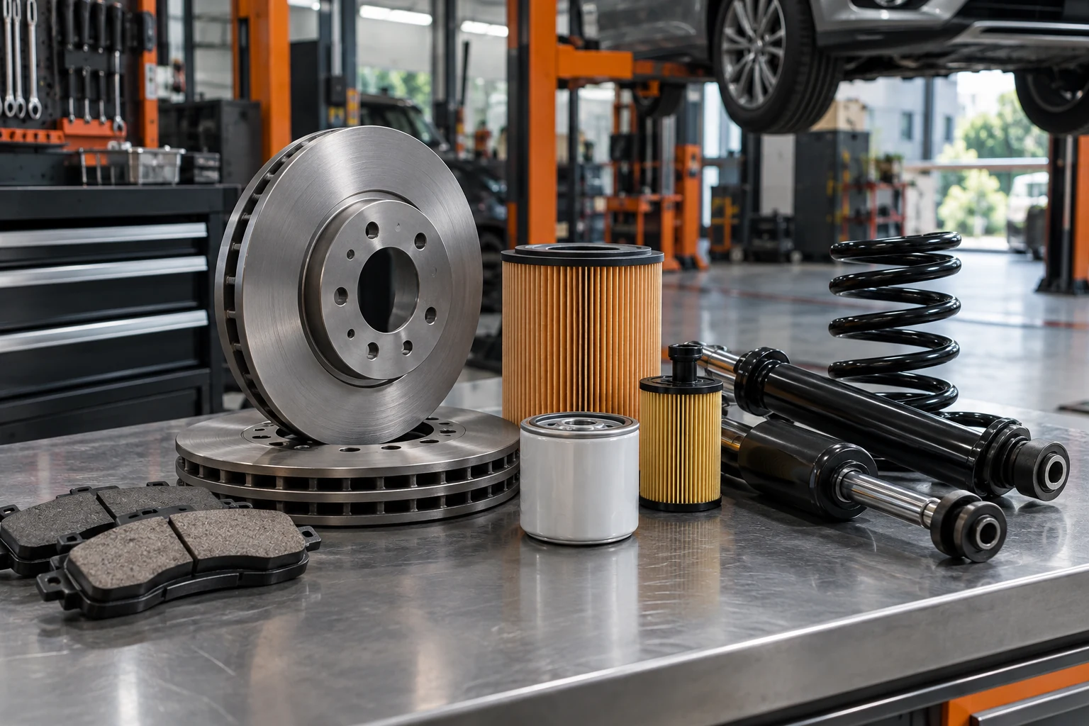 Precision replacement brake discs, filters and suspension components arranged on a clean workshop bench, no people