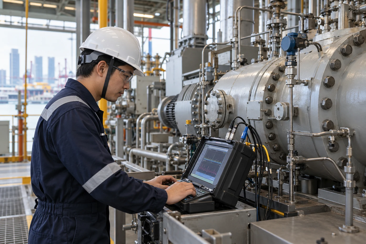 Asian engineer using diagnostic equipment at a compressor test station, realistic safety clothing
