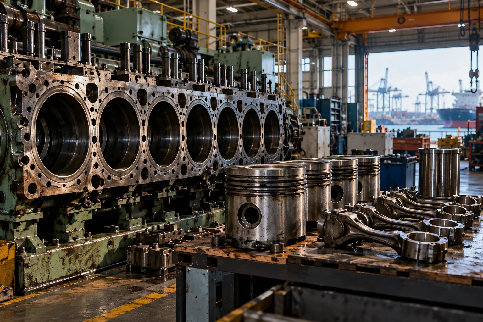 Marine diesel engine components in an industrial maintenance facility, dramatic side lighting, no people