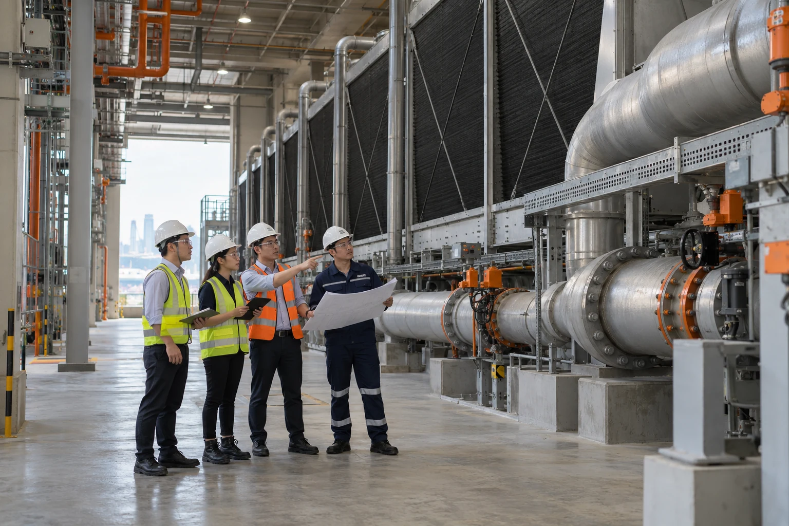 Asian multidisciplinary engineering team examining a large industrial cooling installation, expansive service hall