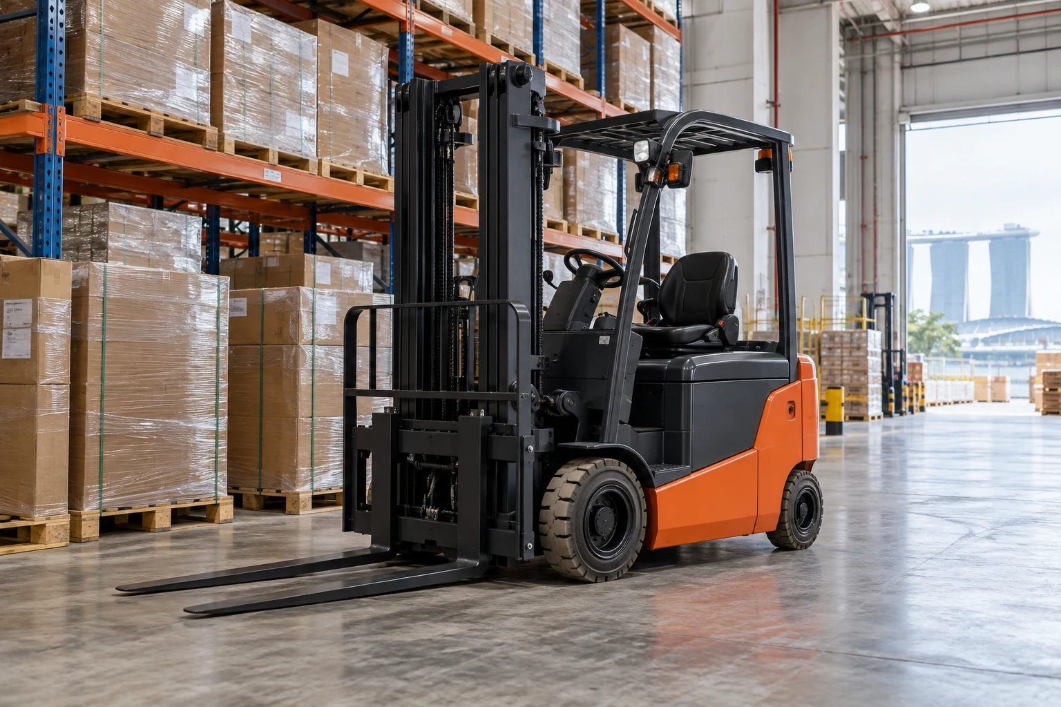 Electric forklift parked beside neatly stacked pallets in a contemporary warehouse, three quarter front view, no people