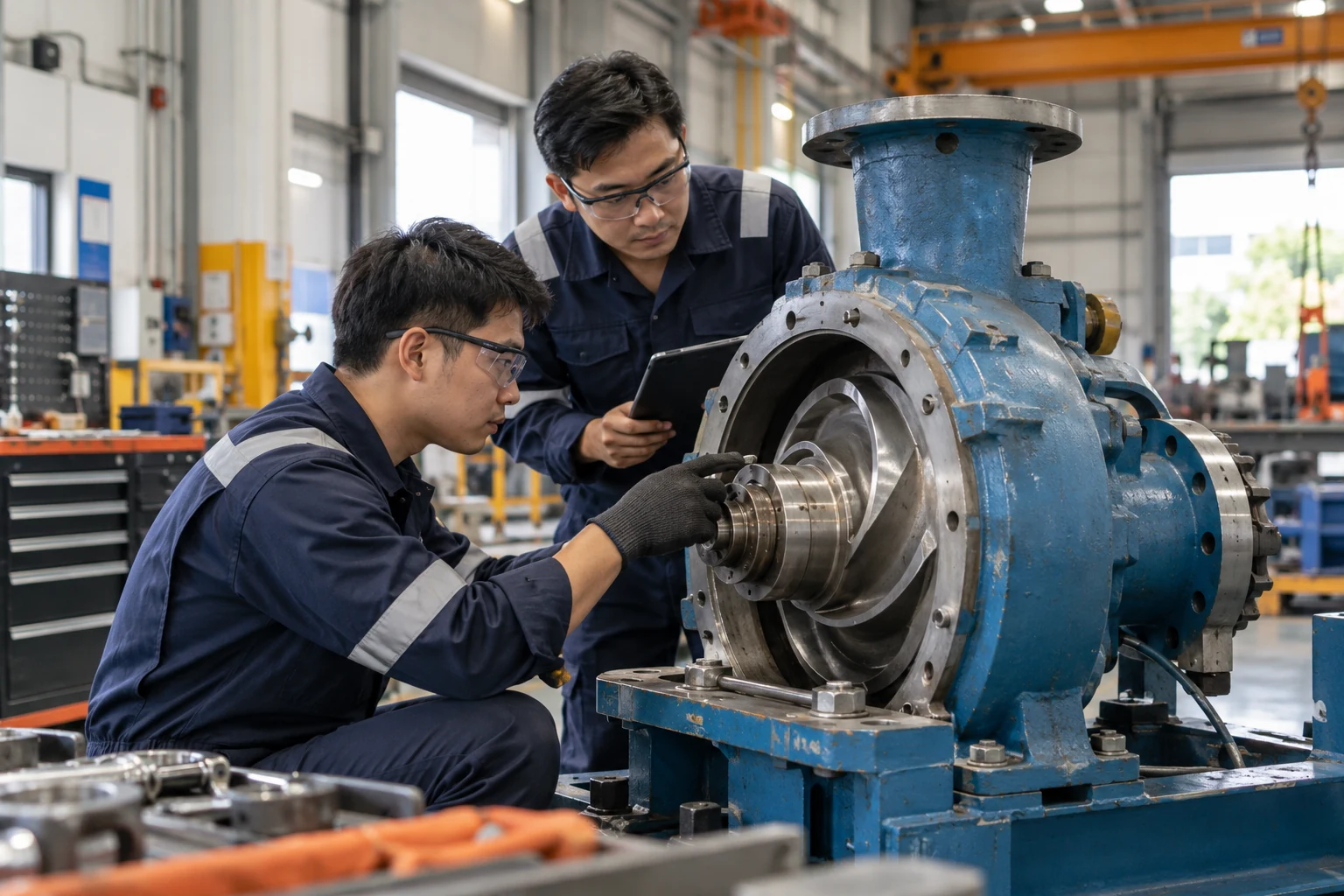 Two Asian mechanical engineers inspecting a large pump assembly in a bright modern service workshop, medium wide composition