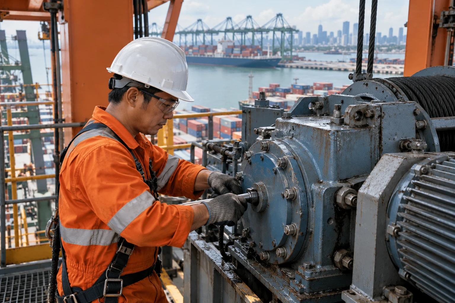 Container crane mechanical gearbox maintenance at a tropical port, Asian technician with safety helmet, close wide view