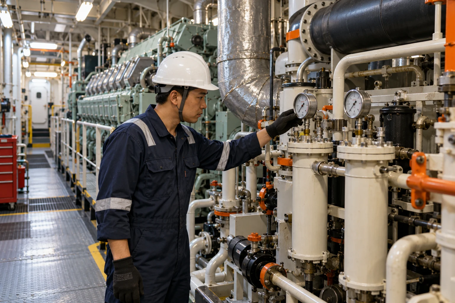 Large marine engine room with pipes and filtration units, Asian maintenance engineer inspecting gauge