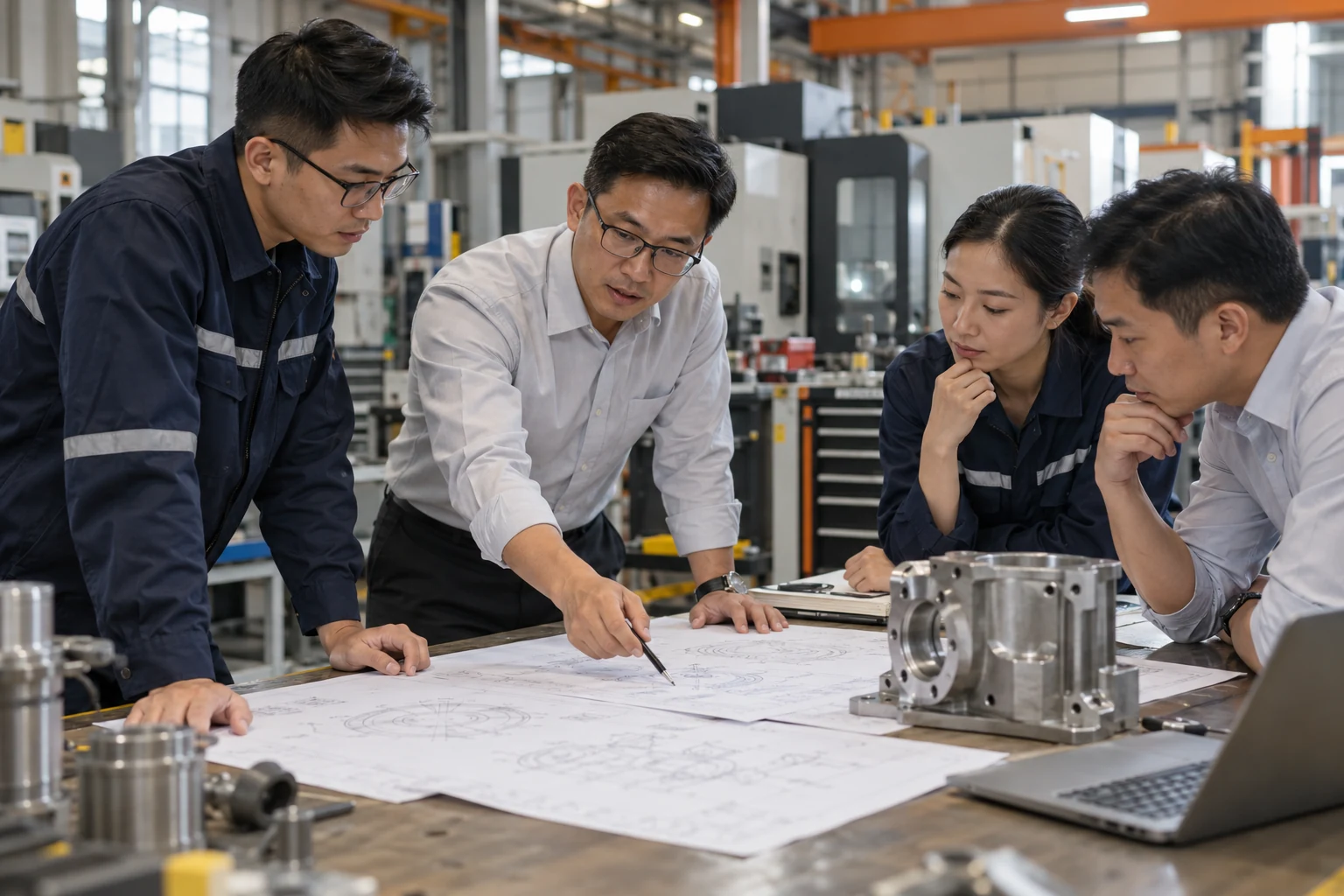 Asian engineering managers reviewing mechanical drawings together at a workshop meeting table
