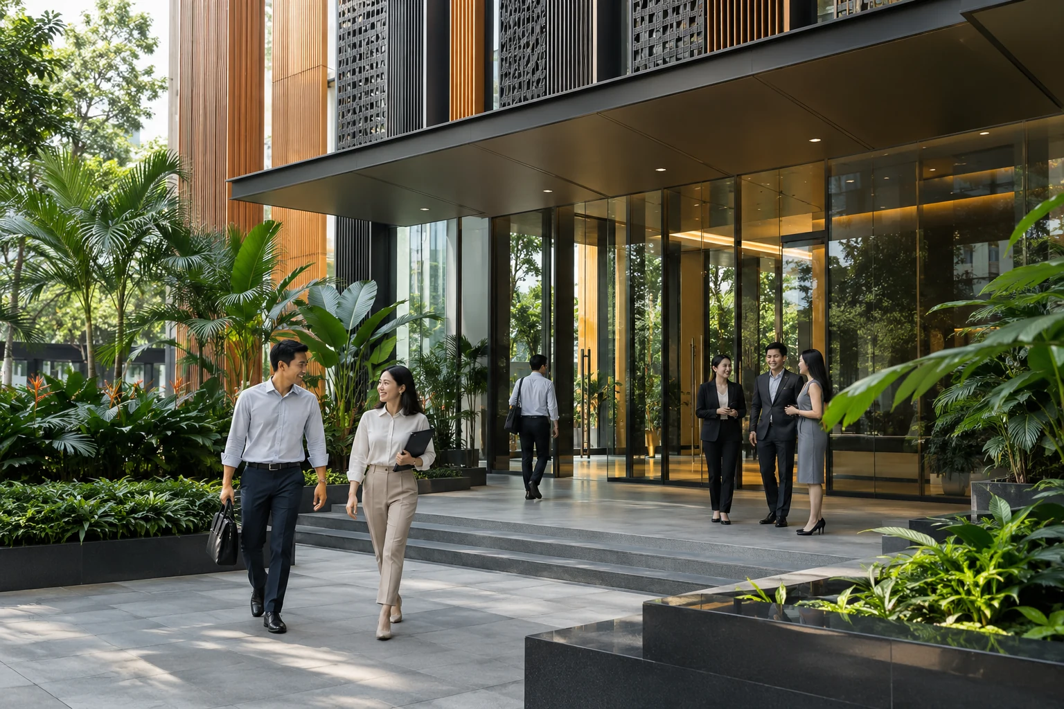 Contemporary corporate entrance with tropical planting and textured metal facade, no signage or logos