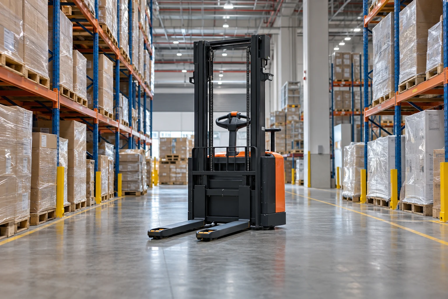 Compact electric material handling vehicle in warehouse aisle, frontal wide composition, no logos, no people