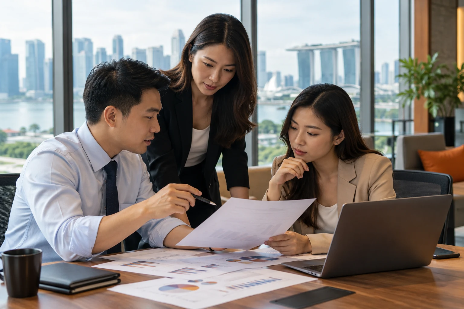 Asian finance professionals reviewing printed reports in a contemporary Singapore office, no readable text