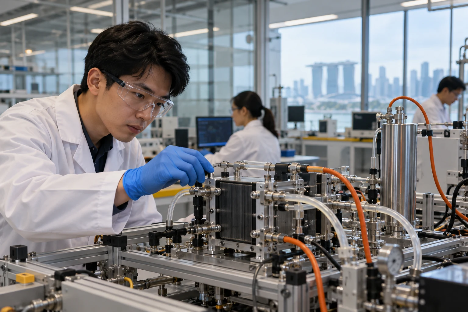 Asian research engineer checking a small clean-energy test rig in a laboratory, no readable labels