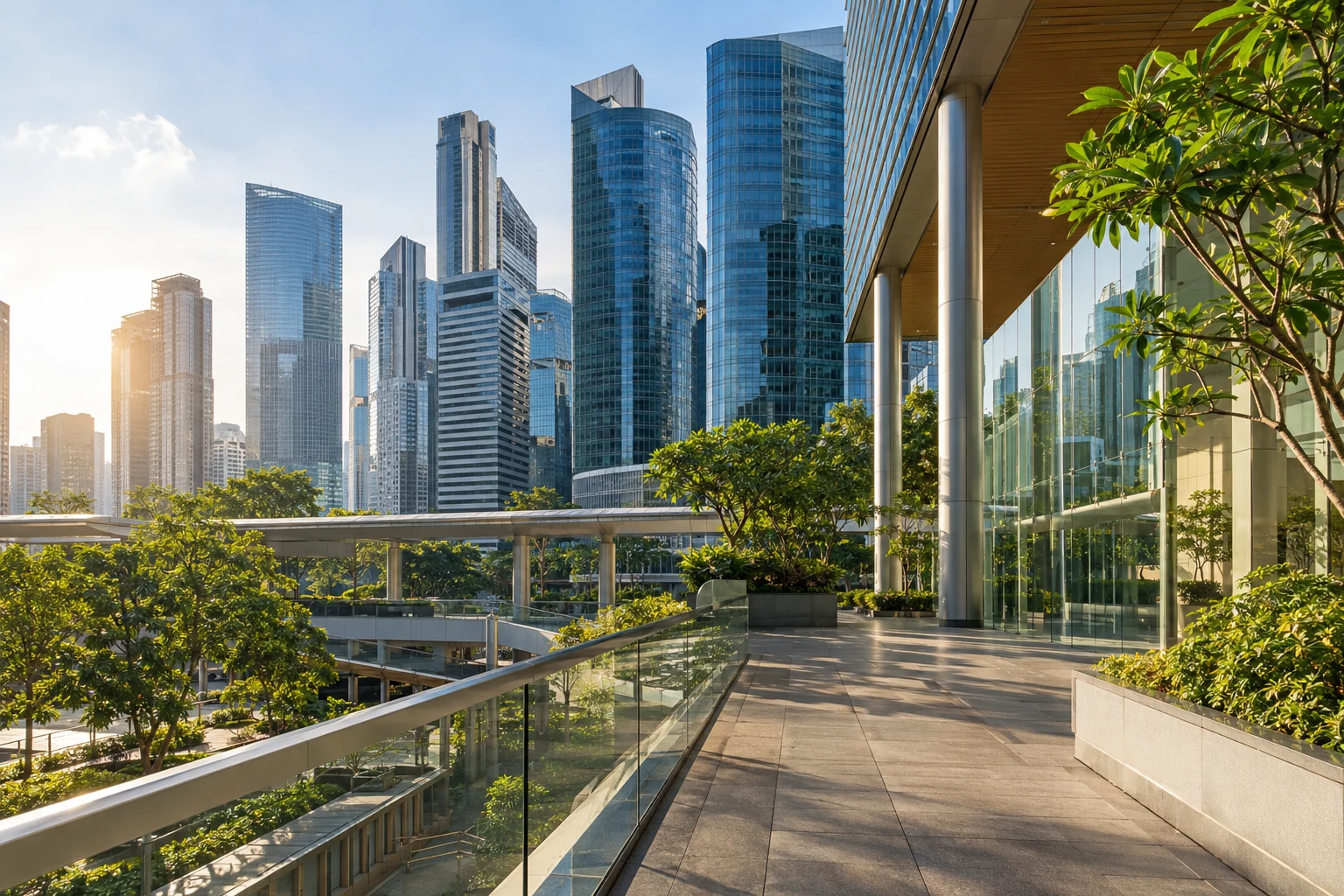 Contemporary Singapore commercial district architectural facade, morning sunlight, no people, no text