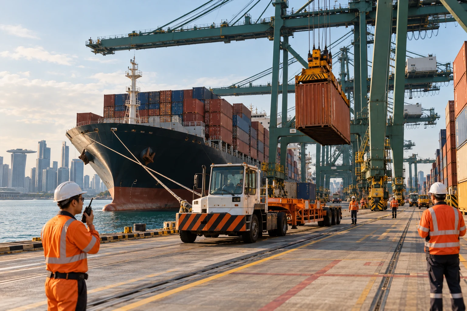 Container handling equipment at Singapore-like tropical maritime terminal, wide photograph, no logos