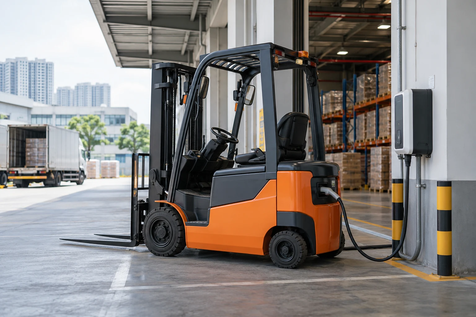 Orange accent electric forklift charging at an orderly logistics facility, daylight, no people
