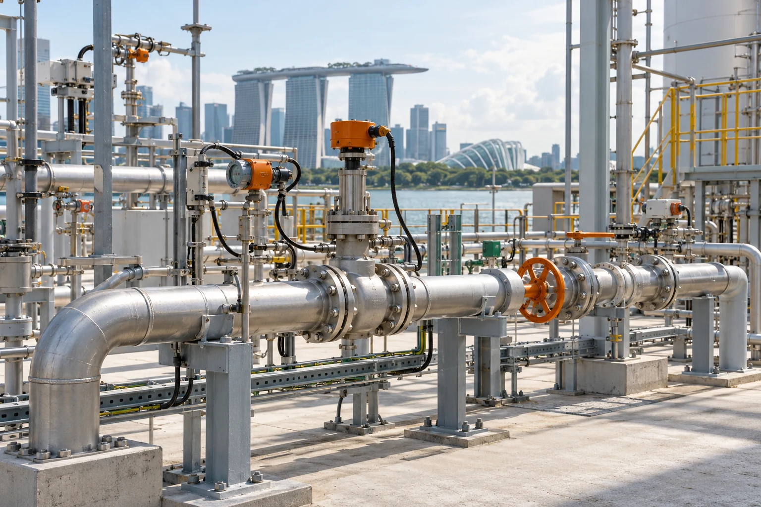 Clean hydrogen research pilot pipework with valves and instrumentation outdoors in Singapore tropical climate, no people
